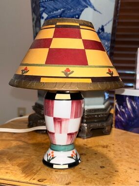 Hand-Painted Checkered Table Lamp - Red and Yellow